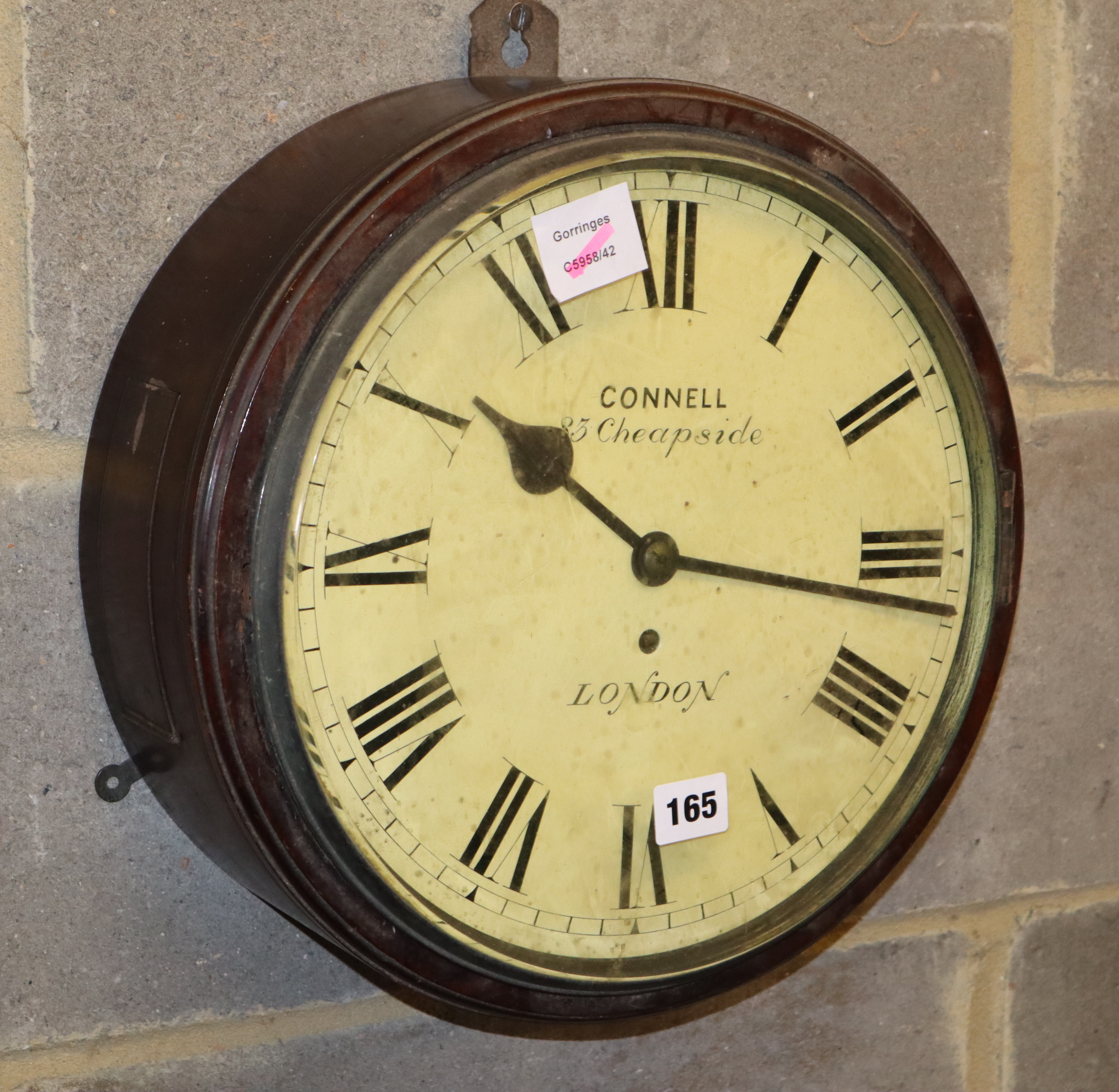 A Victorian mahogany dial wall timepiece, the dial inscribed Connell, 23 Cheapside, London, with single fusee movement, the dial not fi